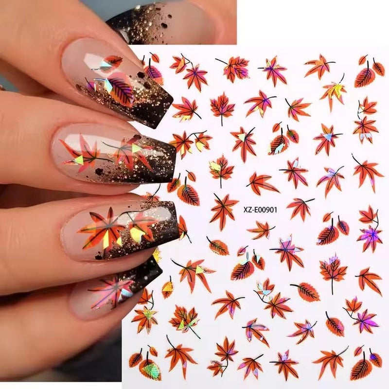 SPLOCUDU 12 Sheets Autumn Maple Leaves Nail Stickers 3D Self-Adhesive Fall Maple Leaf Nail Art Stickers Decals Self-Adhesive Thanksgiving Nail Decals Supplies Decorations for Women - Image 2
